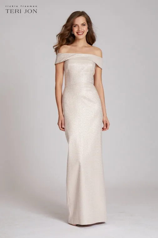 Jacquard Off The Shoulder Column Gown sold by Teri Jon