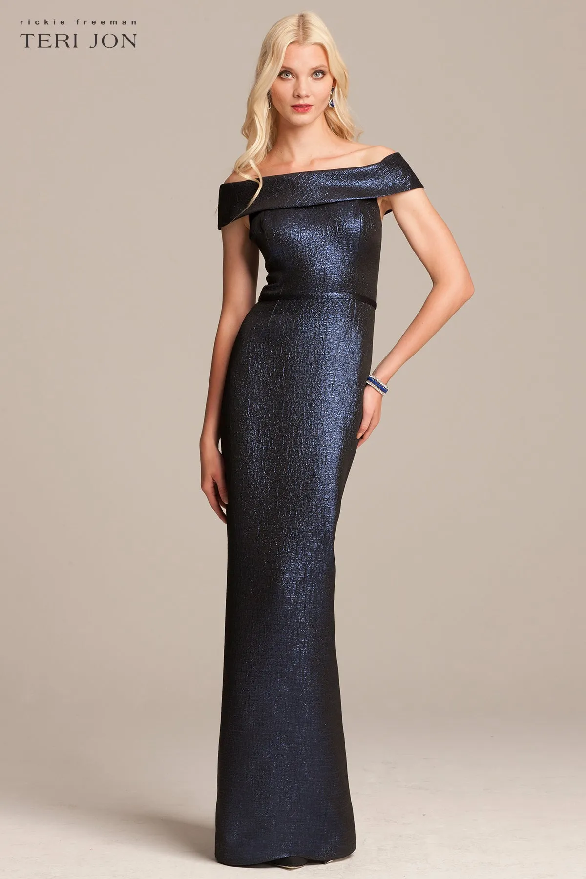 Jacquard Off The Shoulder Column Gown sold by Teri Jon product image thumbnail 3