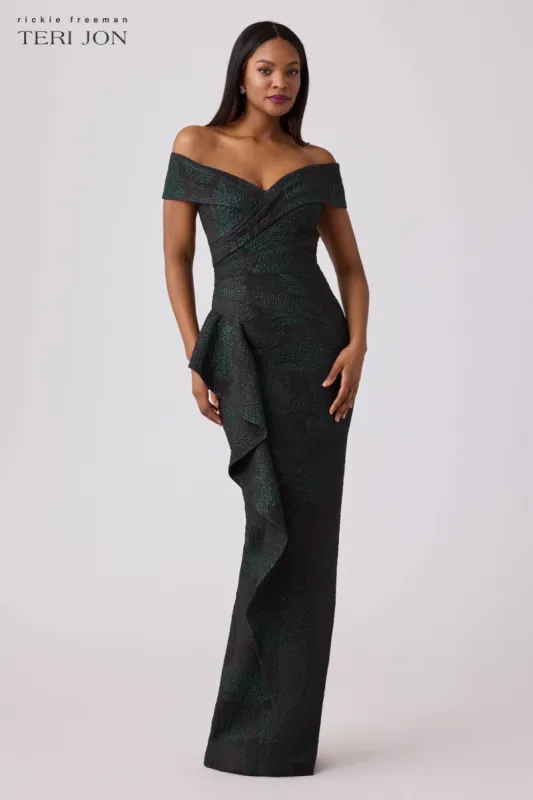 Jacquard Portrait Asymmetrical Seamed Waist Gown sold by Teri Jon