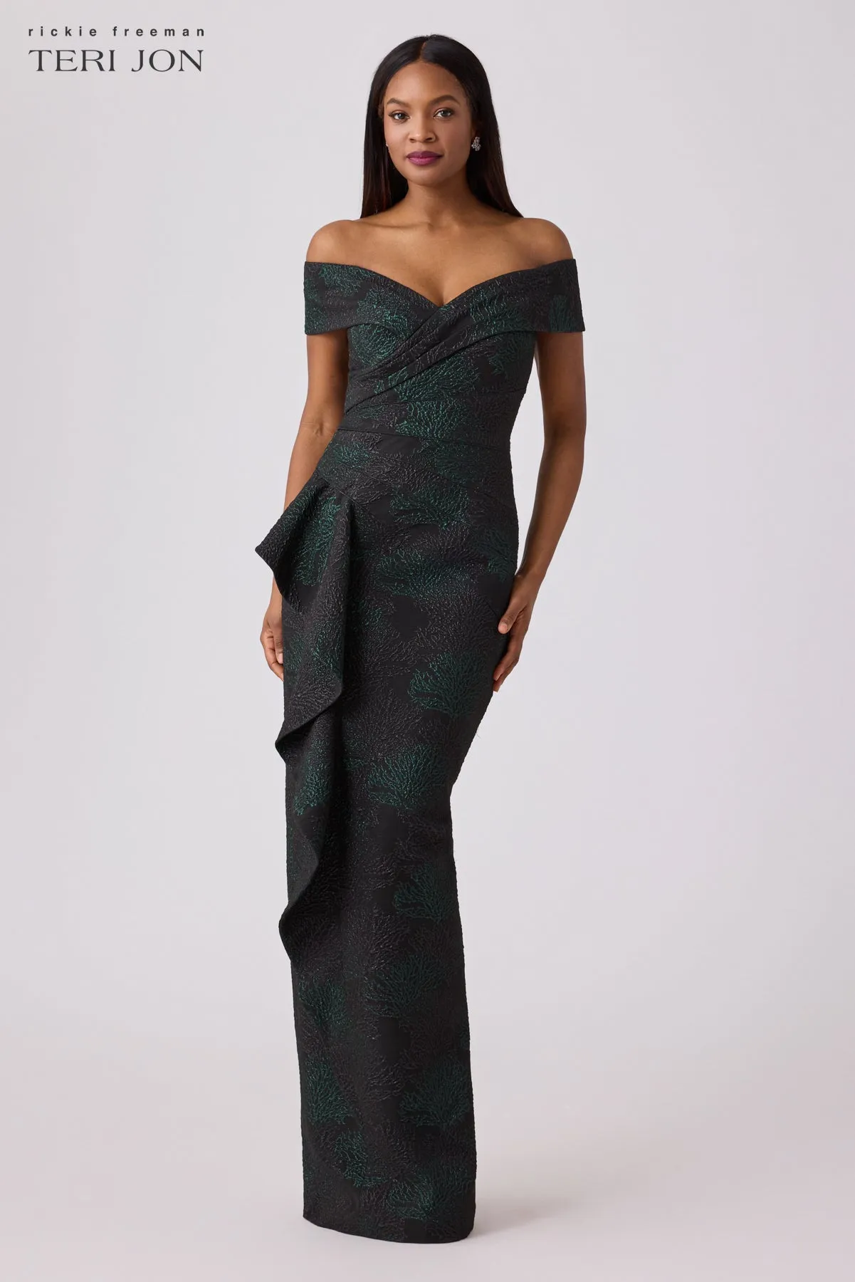 Jacquard Portrait Asymmetrical Seamed Waist Gown sold by Teri Jon product image thumbnail 2