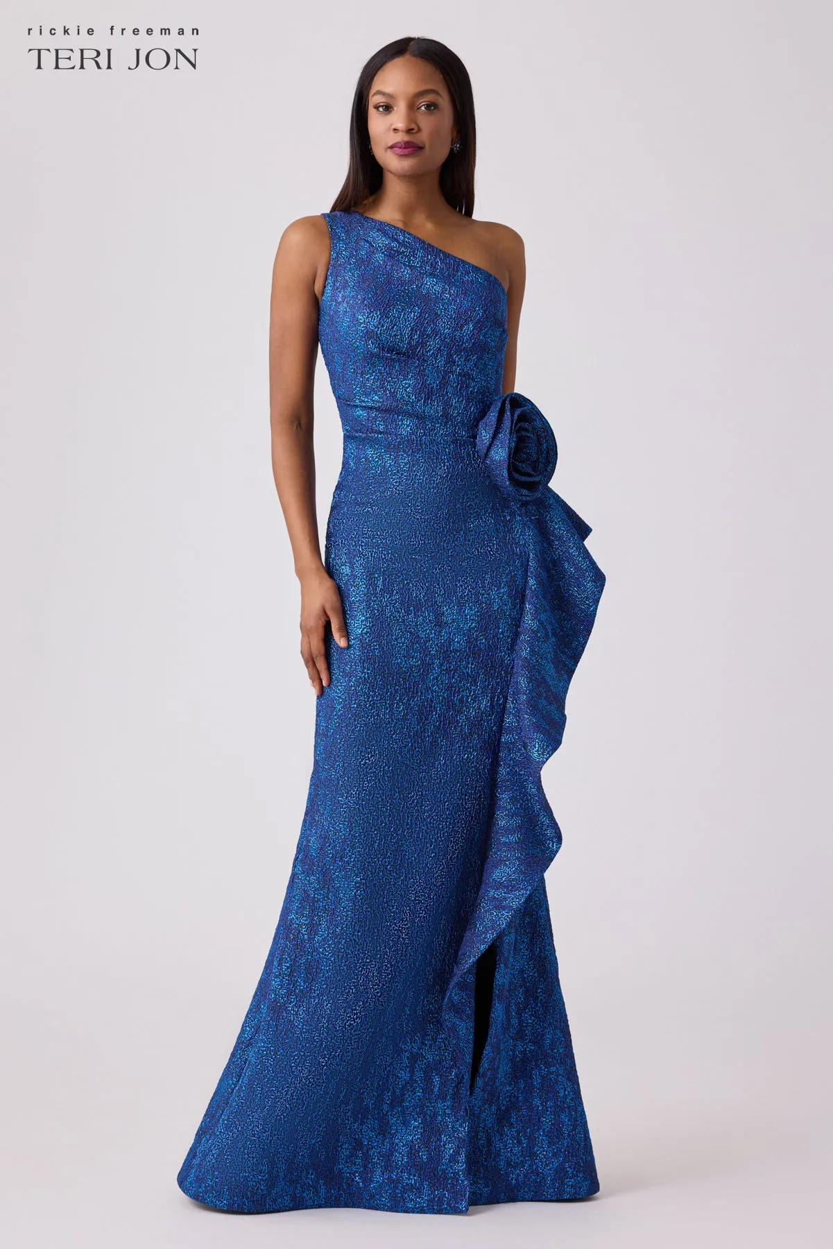 Jacquard Side Ruffle Gown with 3D Drape sold by Teri Jon product image thumbnail 4