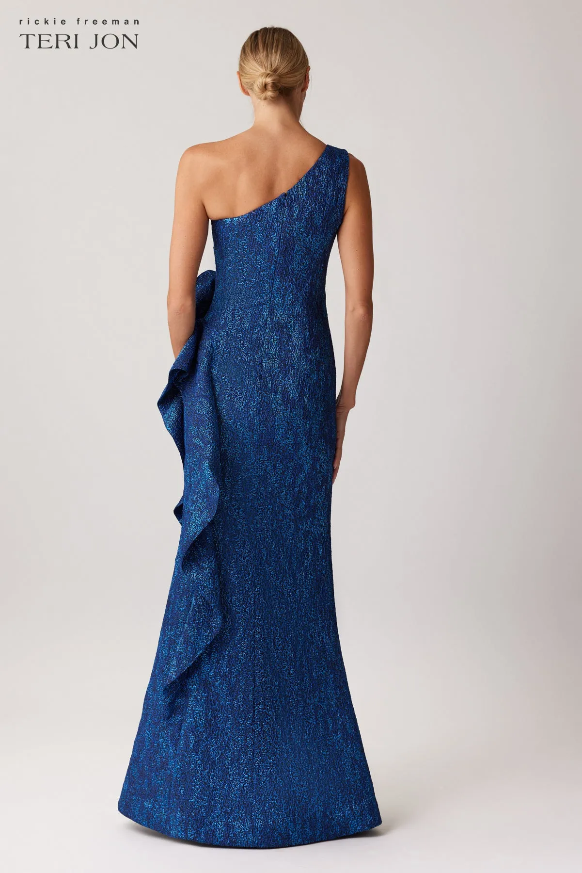 Jacquard Side Ruffle Gown with 3D Drape sold by Teri Jon product image thumbnail 5