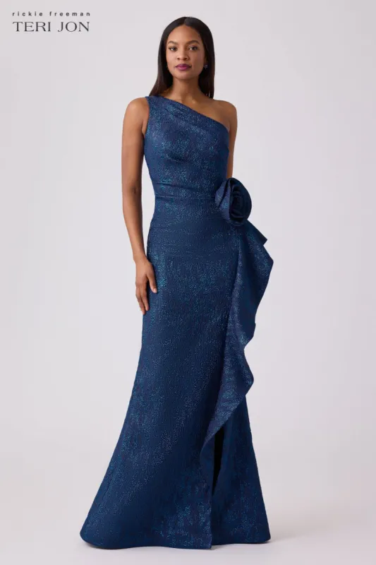 Jacquard Side Ruffle Gown with 3D Drape sold by Teri Jon
