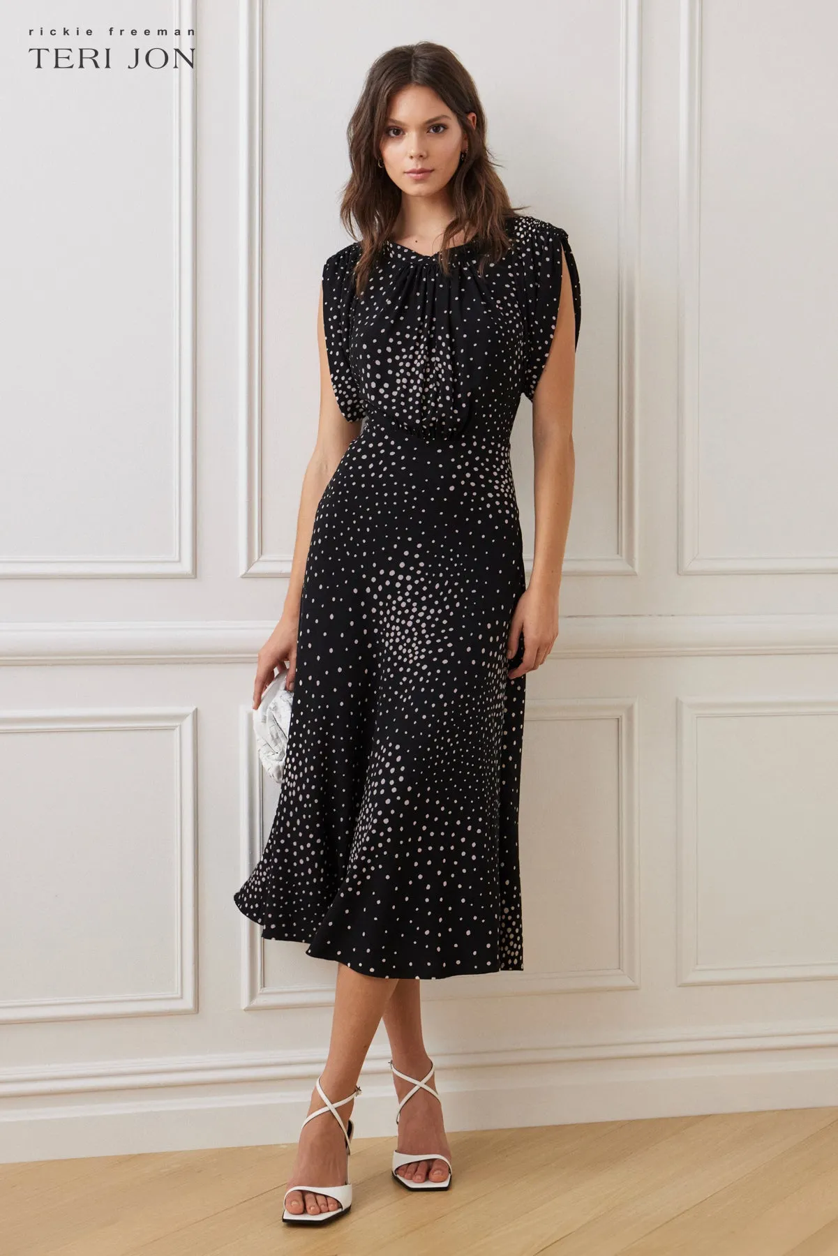 Crepe Polka Tea Length Dress sold by Teri Jon