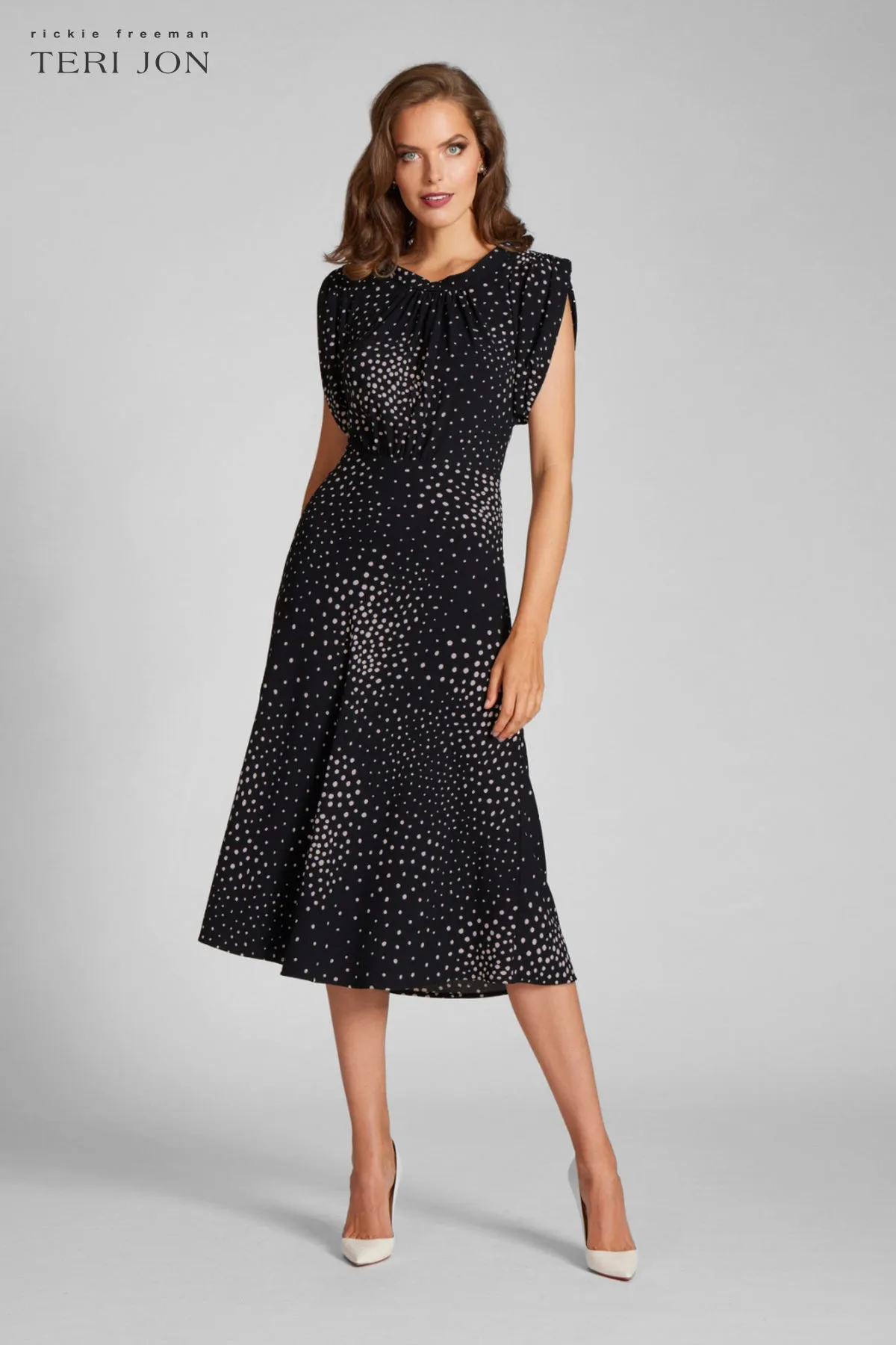 Crepe Polka Tea Length Dress sold by Teri Jon product image thumbnail 2