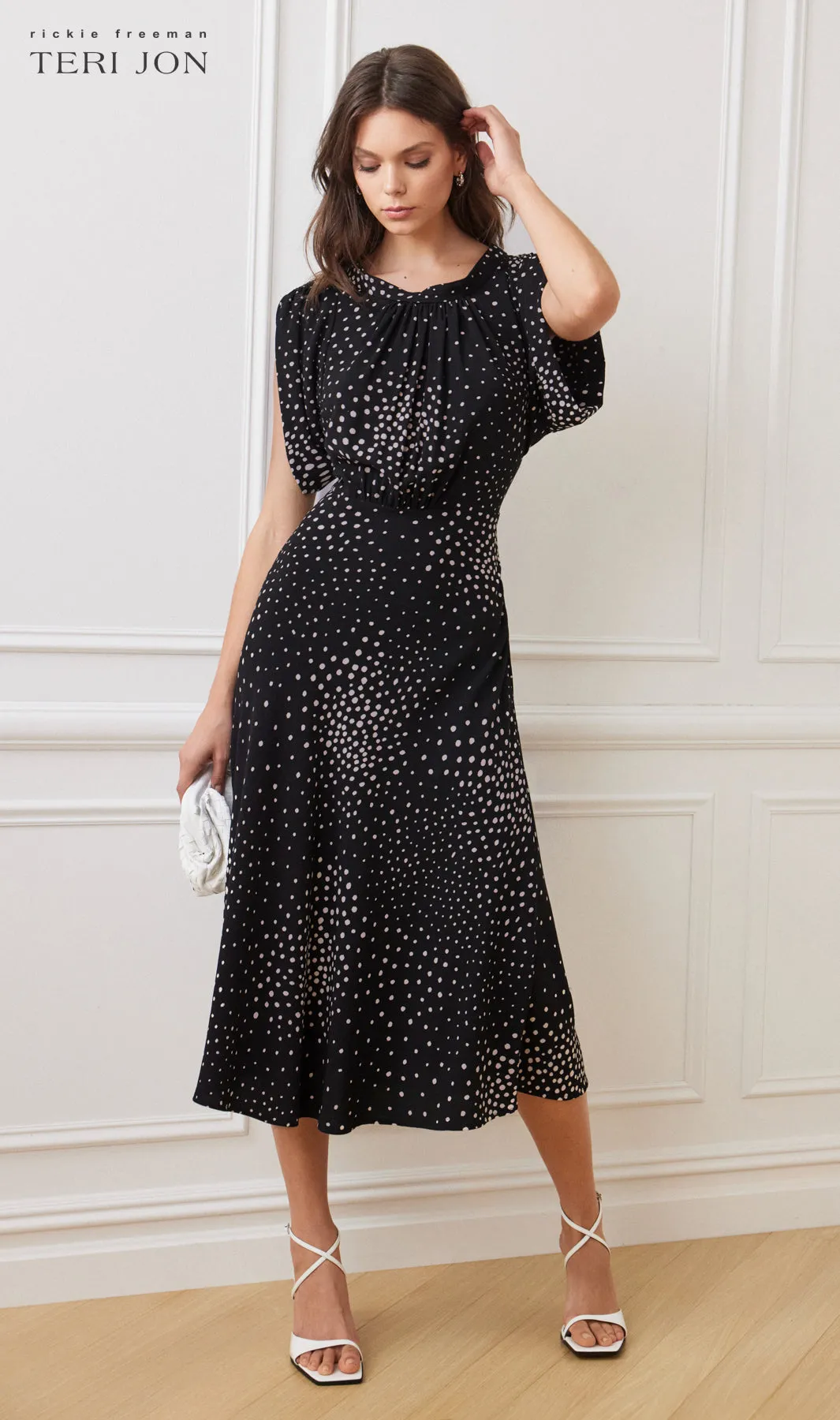 Crepe Polka Tea Length Dress sold by Teri Jon product image thumbnail 3