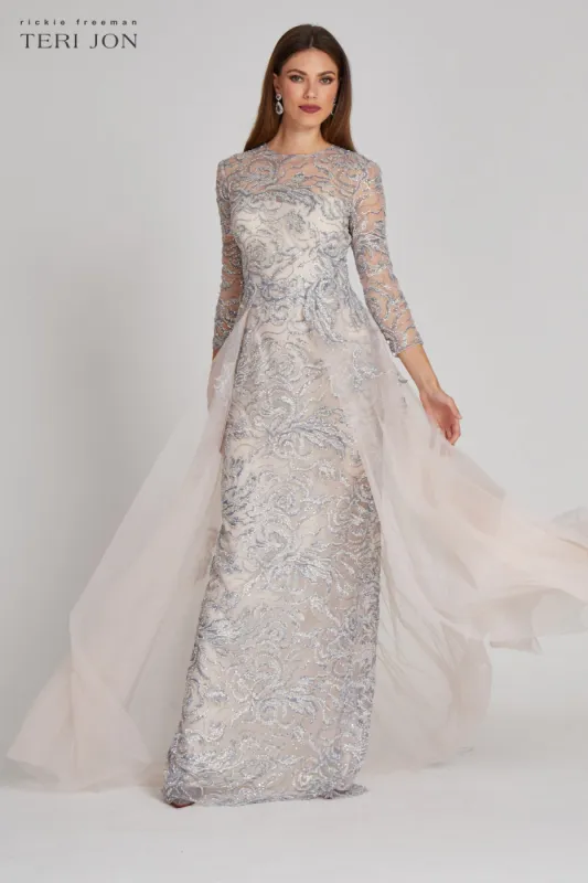 Long Sleeve Beaded Tulle With Tulle Overskirt sold by Teri Jon