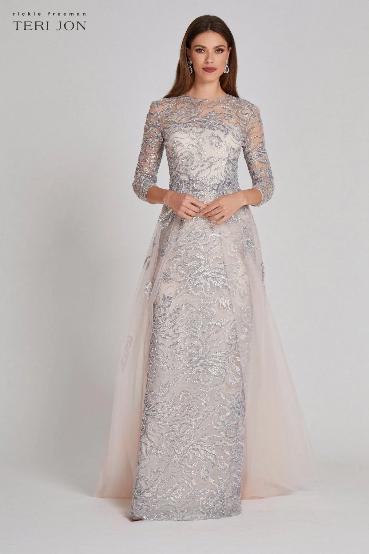 Long Sleeve Beaded Tulle With Tulle Overskirt sold by Teri Jon product image thumbnail 5