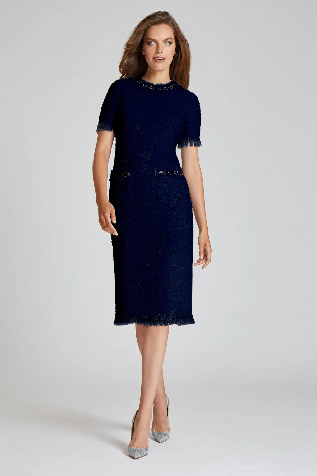 Tweed Fringe Bead Trim Pocket Dress sold by Teri Jon