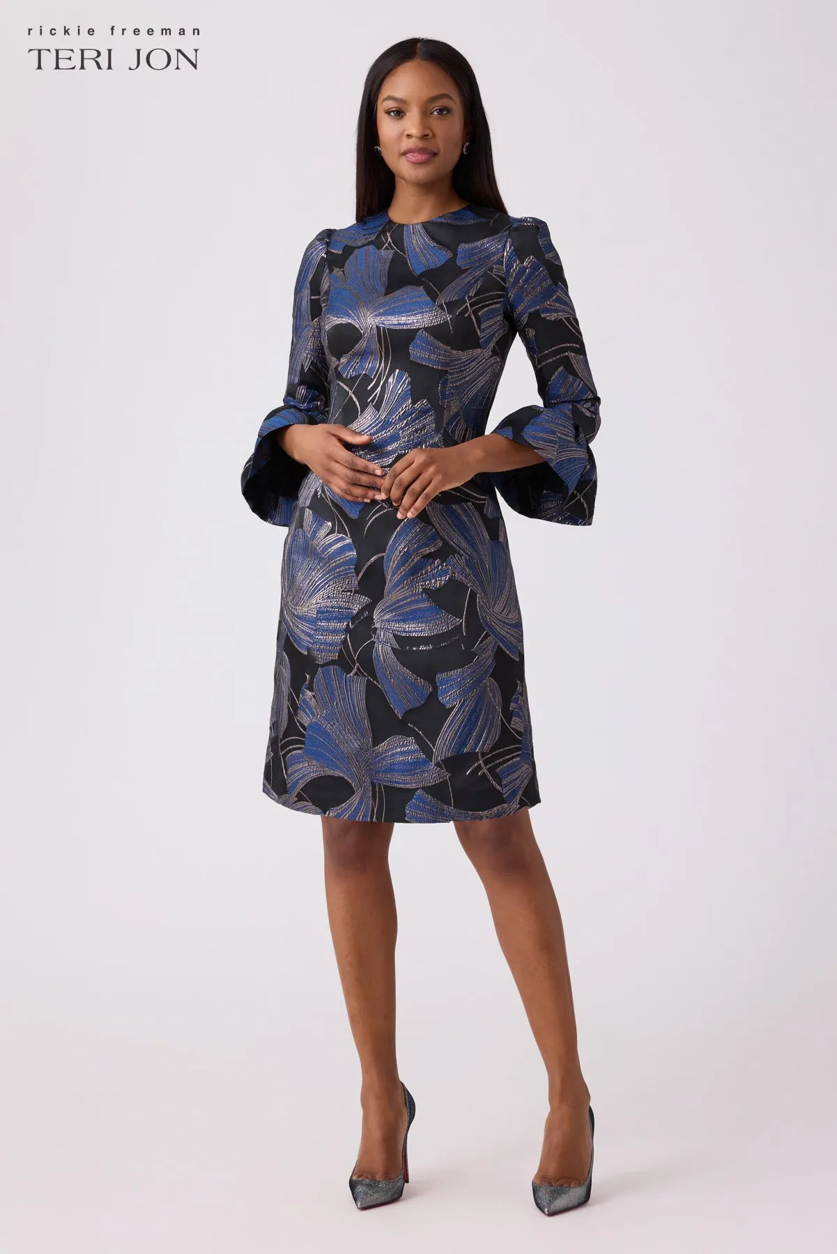Metallic Jacquard Flounce Cuff Dress sold by Teri Jon product image thumbnail 2
