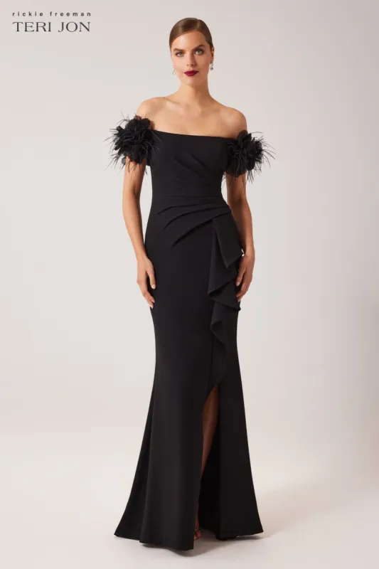 Crepe Evening Gown With Feather Puff Sleeves sold by Teri Jon