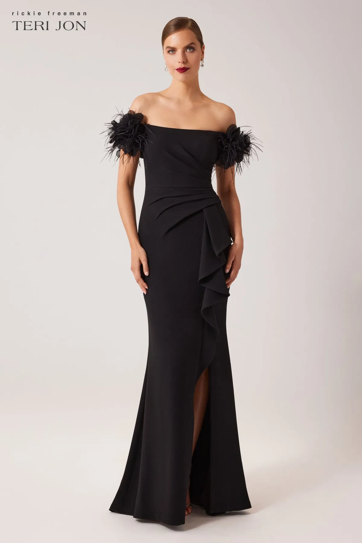 Crepe Evening Gown With Feather Puff Sleeves sold by Teri Jon