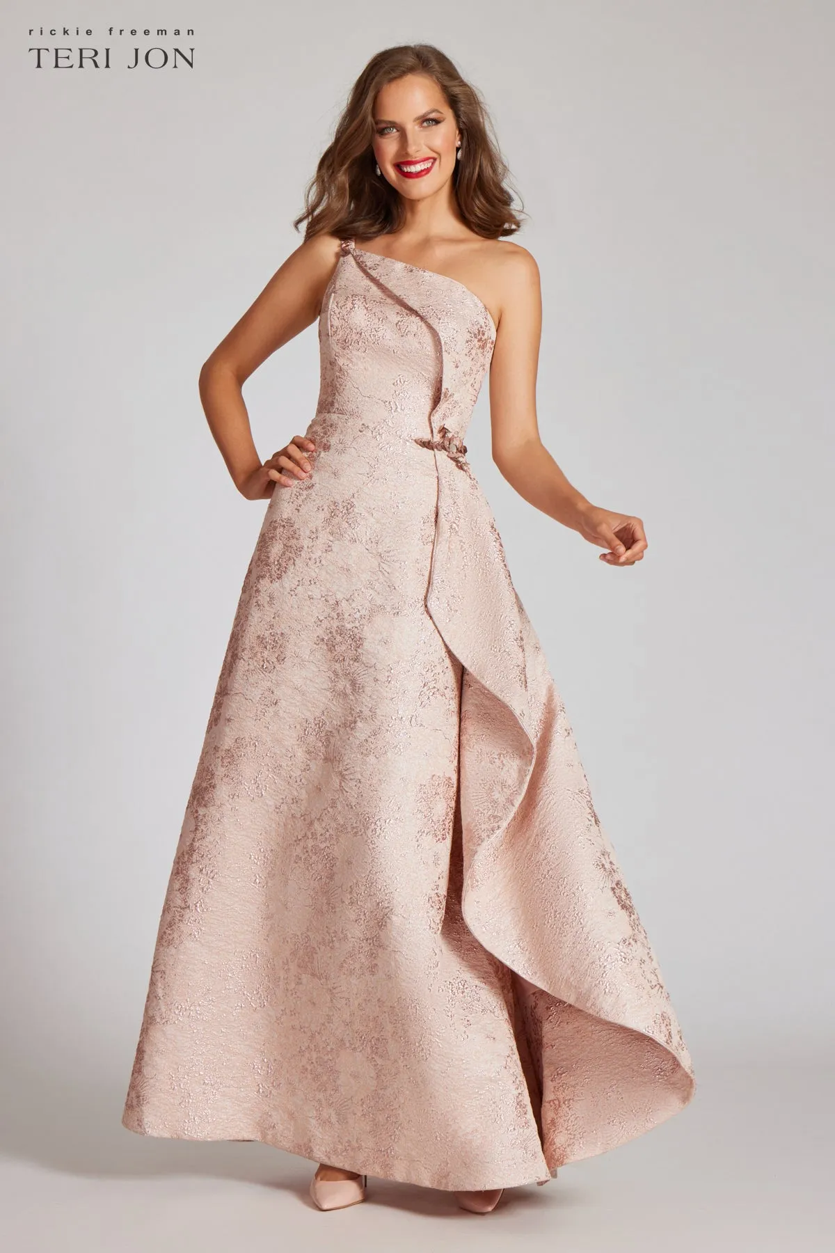 One Shoulder Metallic Jacquard Cascade Side Gown sold by Teri Jon product image thumbnail 3