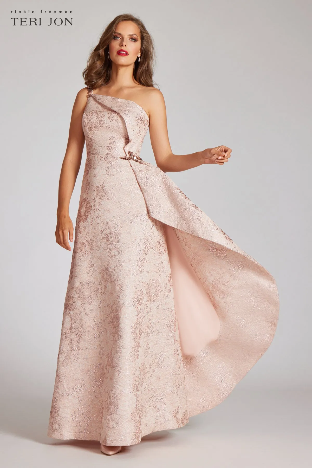 One Shoulder Metallic Jacquard Cascade Side Gown sold by Teri Jon product image thumbnail 2