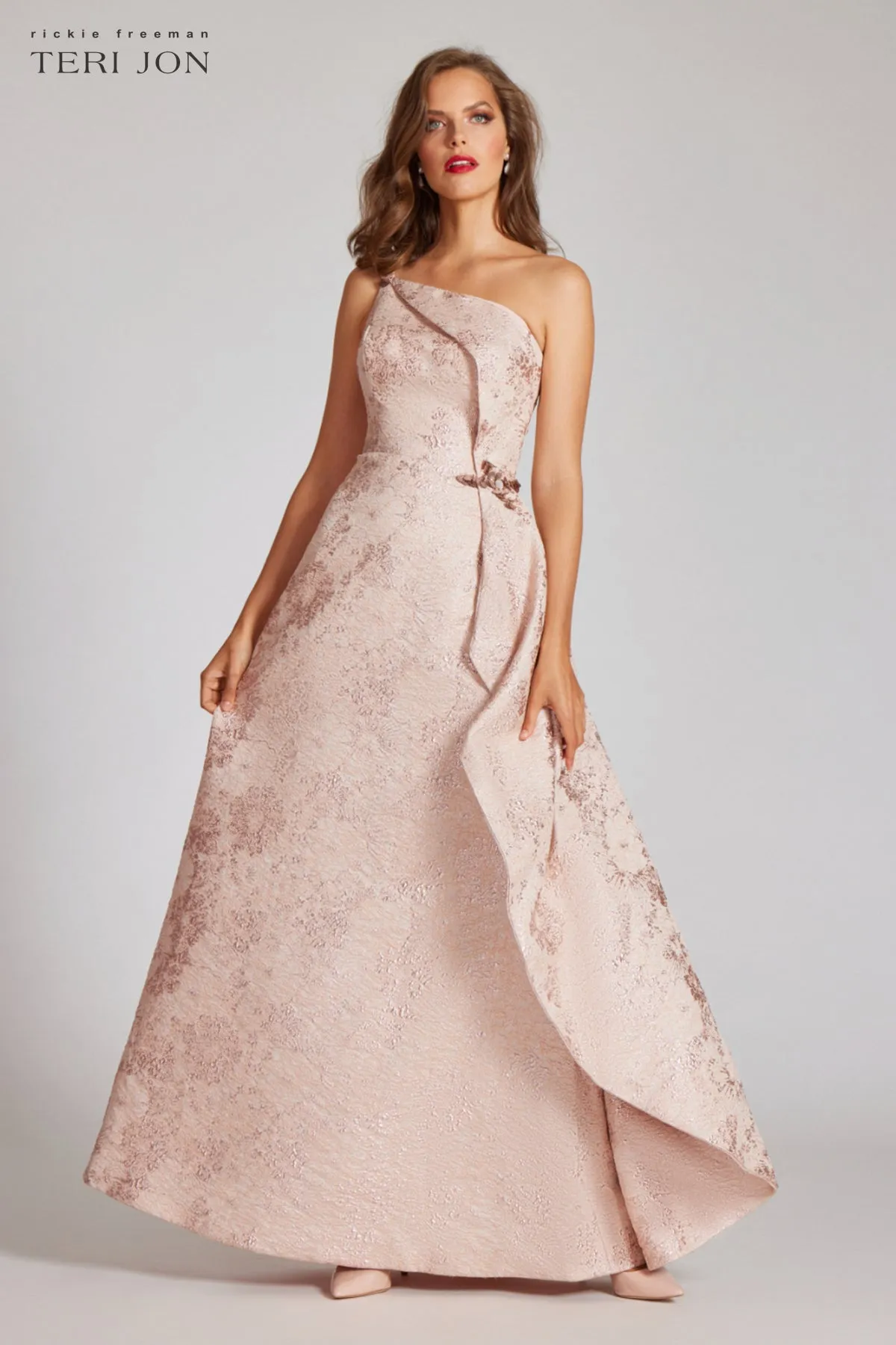 One Shoulder Metallic Jacquard Cascade Side Gown sold by Teri Jon
