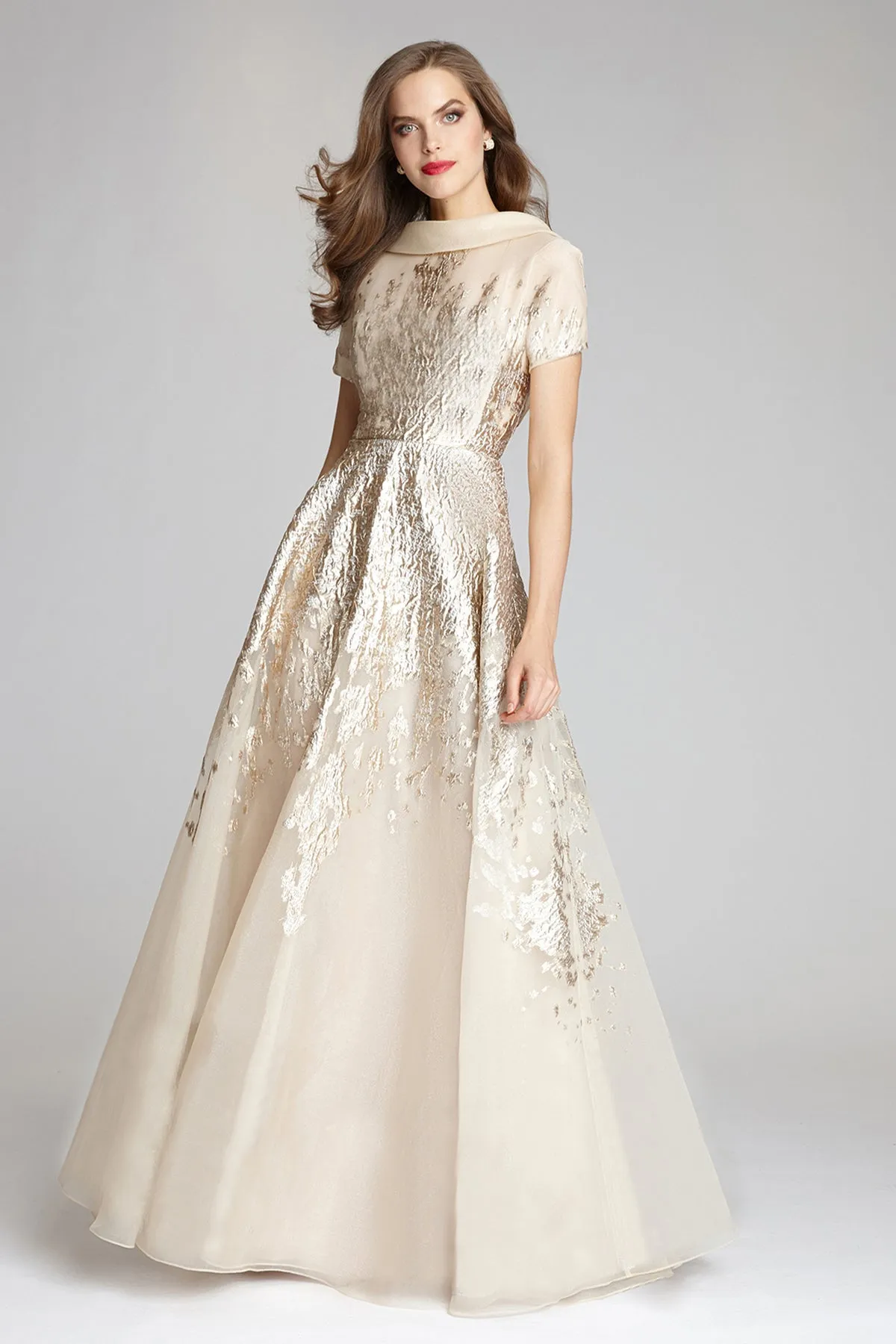 Roll Neck Cap Sleeve Metallic Organza Jacquard Gown sold by Teri Jon product image thumbnail 3