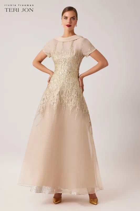 Roll Neck Cap Sleeve Metallic Organza Jacquard Gown sold by Teri Jon