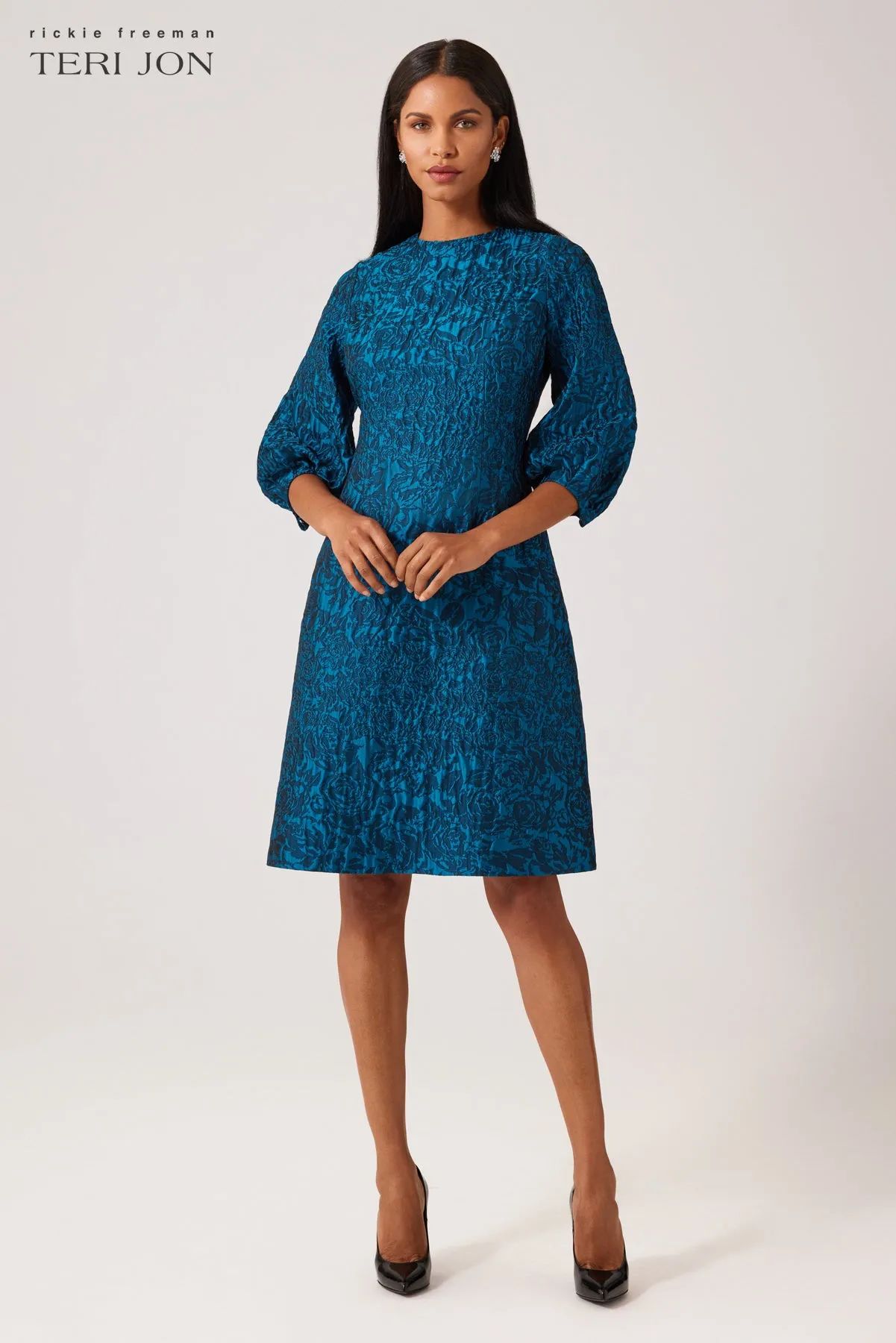 Textured Floral Jacquard Balloon Sleeve Dress sold by Teri Jon product image thumbnail 2