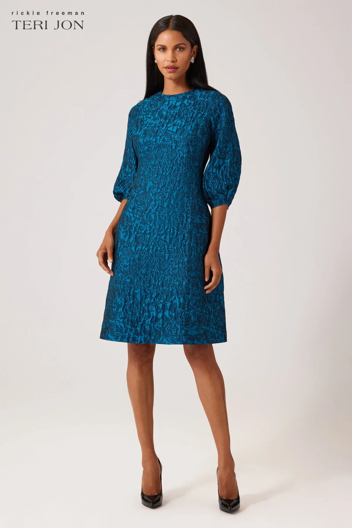 Textured Floral Jacquard Balloon Sleeve Dress sold by Teri Jon product image thumbnail 3