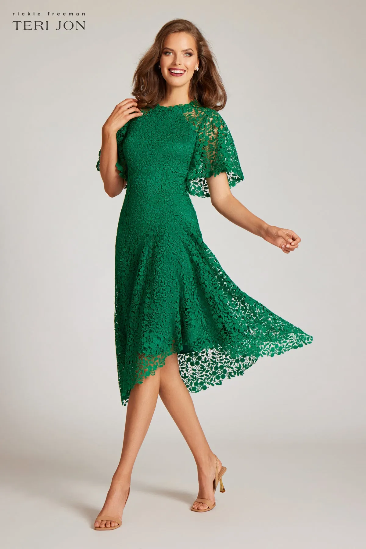 Lace Fit N Flare Flounce Sleeve High Low Dress sold by Teri Jon product image thumbnail 2