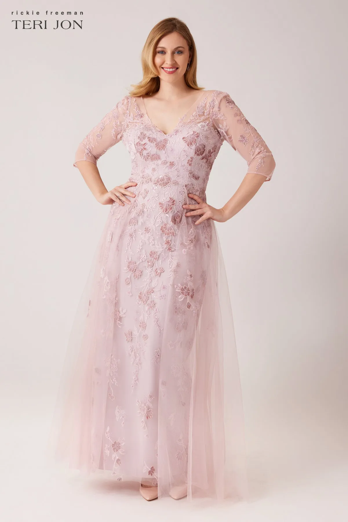 Tulle Velvet Floral Applique Gown sold by Teri Jon product image thumbnail 2