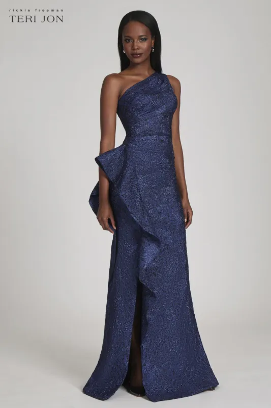 Jacquard One Shoulder Side Ruffle Gown sold by Teri Jon
