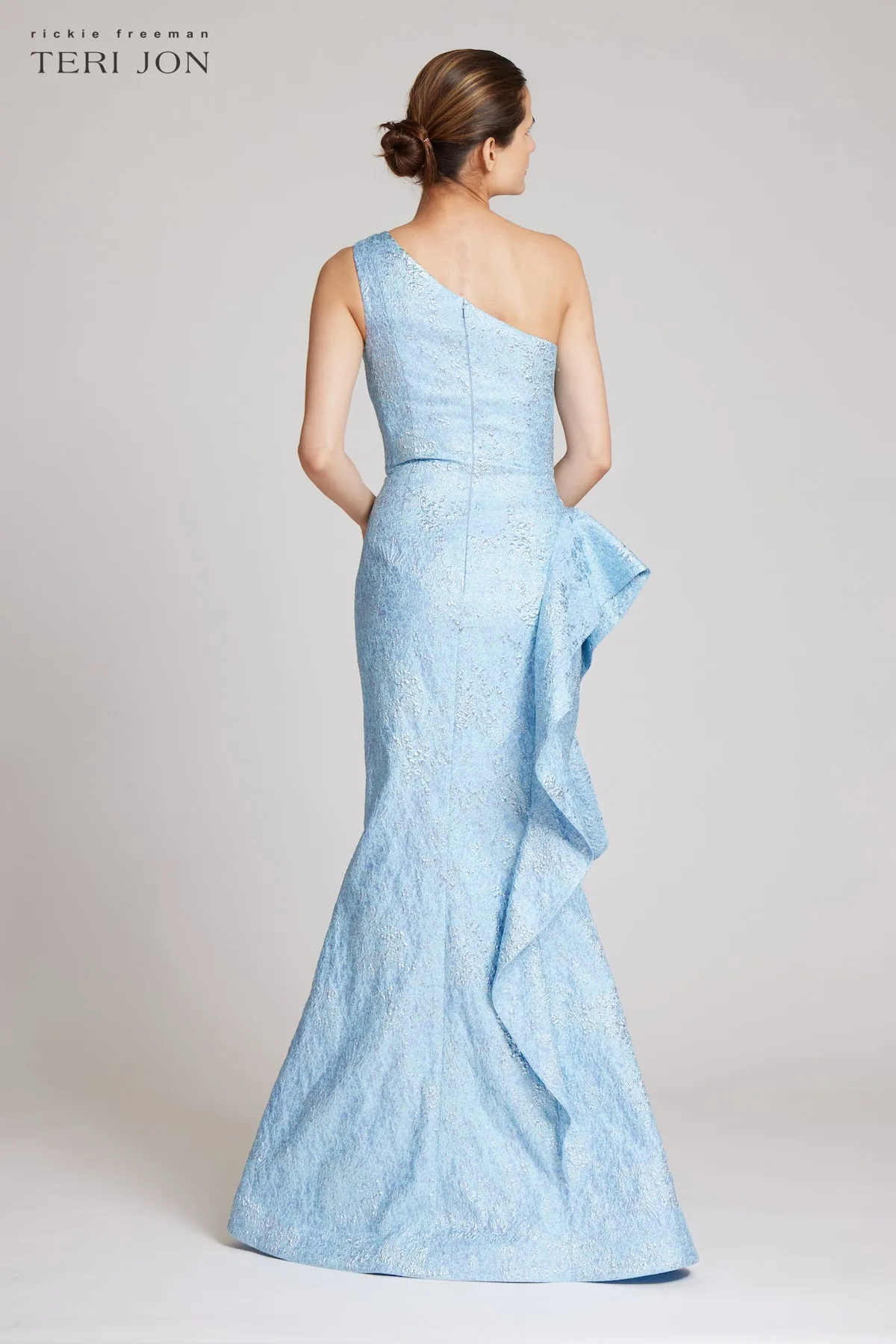 Jacquard One Shoulder Side Ruffle Gown sold by Teri Jon product image thumbnail 4