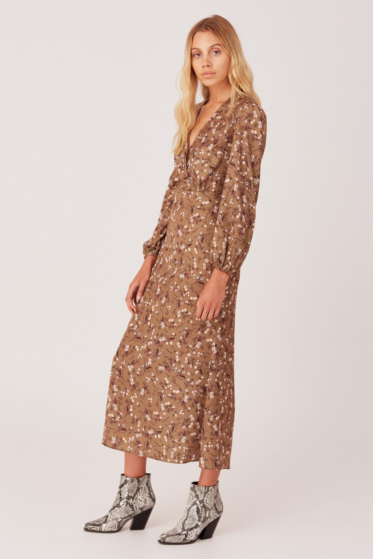 MEMOIR LONG SLEEVE DRESS khaki floral sold by The Fifth Label product image thumbnail 5