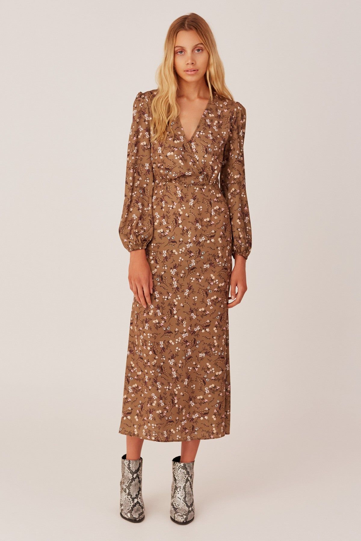 MEMOIR LONG SLEEVE DRESS khaki floral sold by The Fifth Label