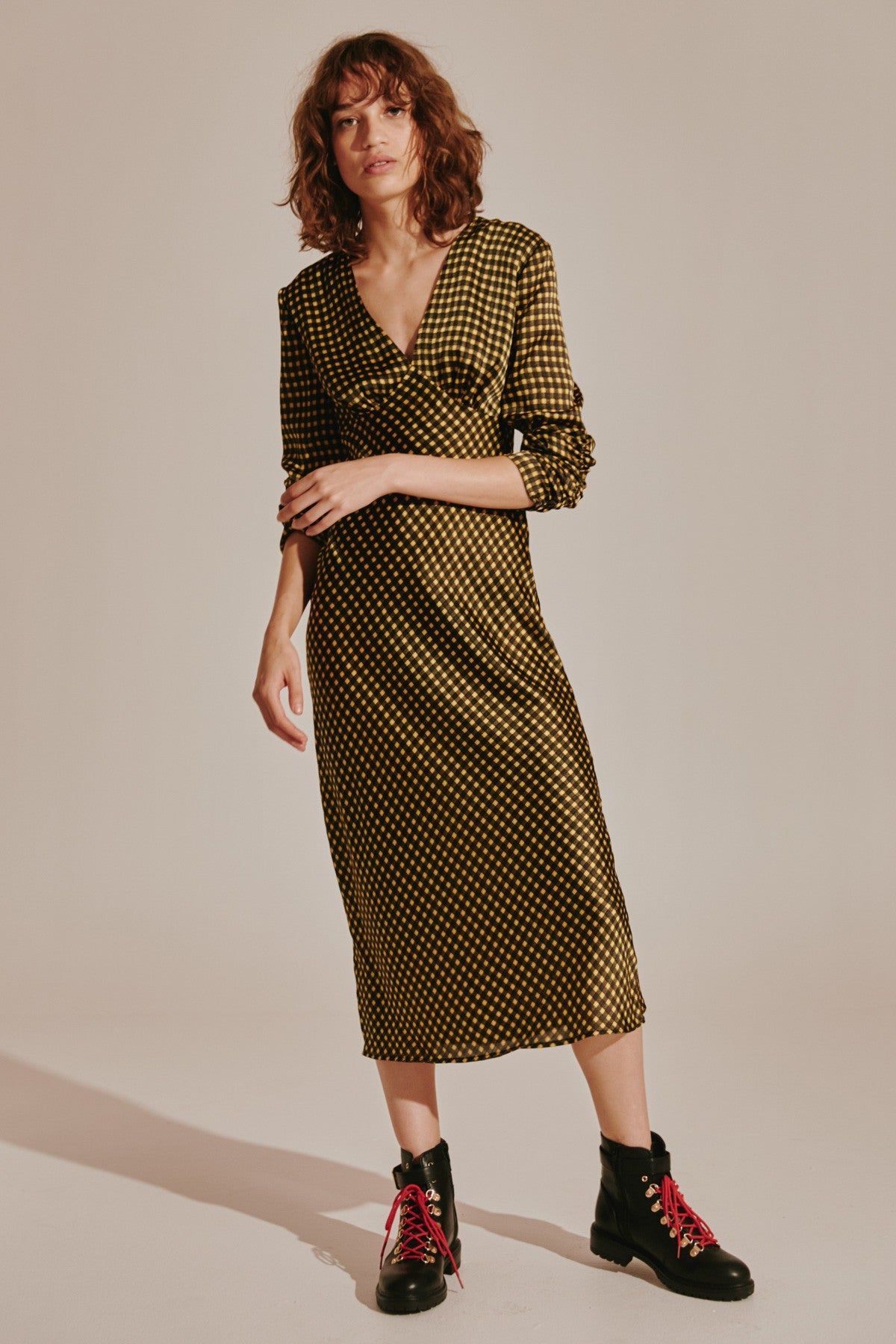 GOLDIE CHECK LONG SLEEVE MIDI DRESS yellow w black sold by The Fifth Label