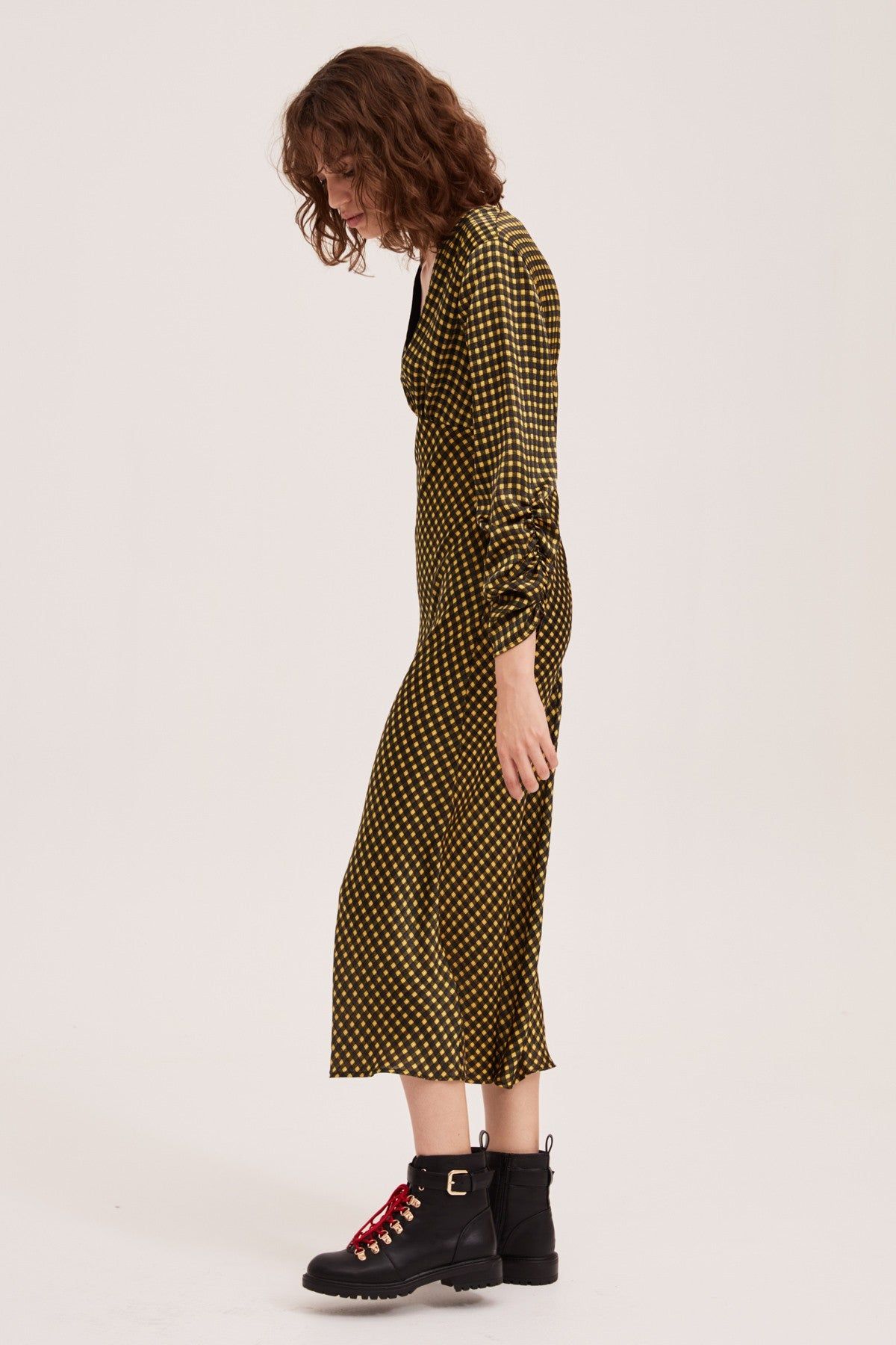 GOLDIE CHECK LONG SLEEVE MIDI DRESS yellow w black sold by The Fifth Label product image thumbnail 2