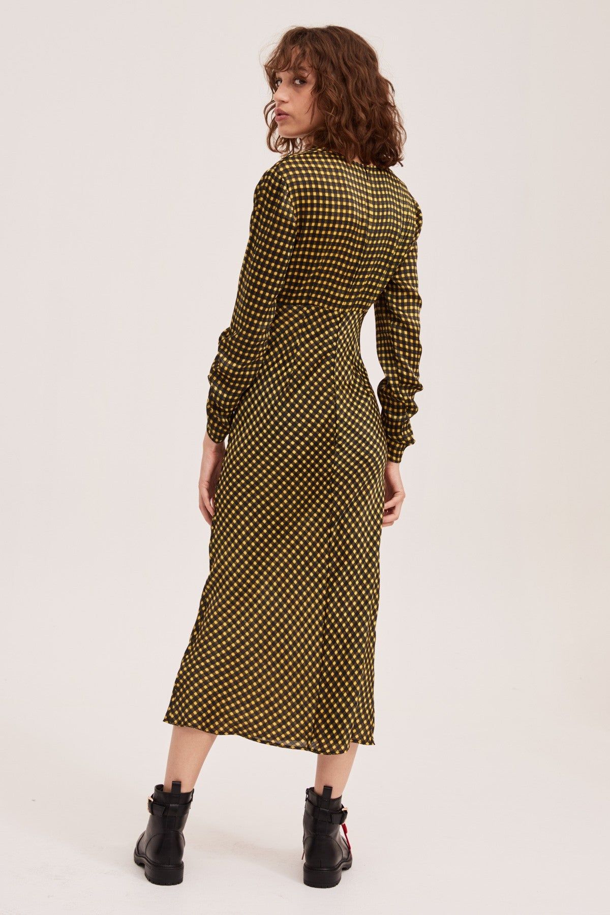 GOLDIE CHECK LONG SLEEVE MIDI DRESS yellow w black sold by The Fifth Label product image thumbnail 4