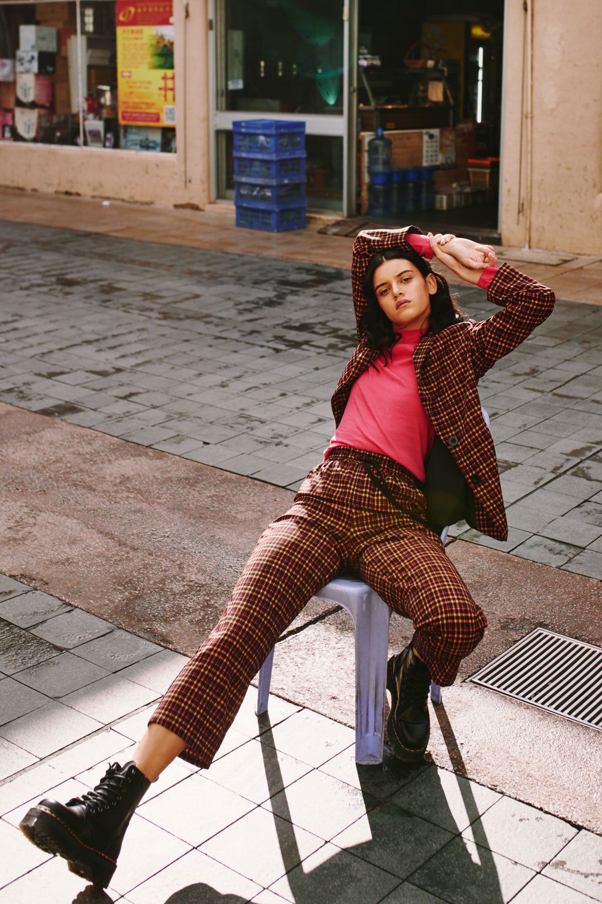 HONORS CHECK PANT orange w black sold by The Fifth Label