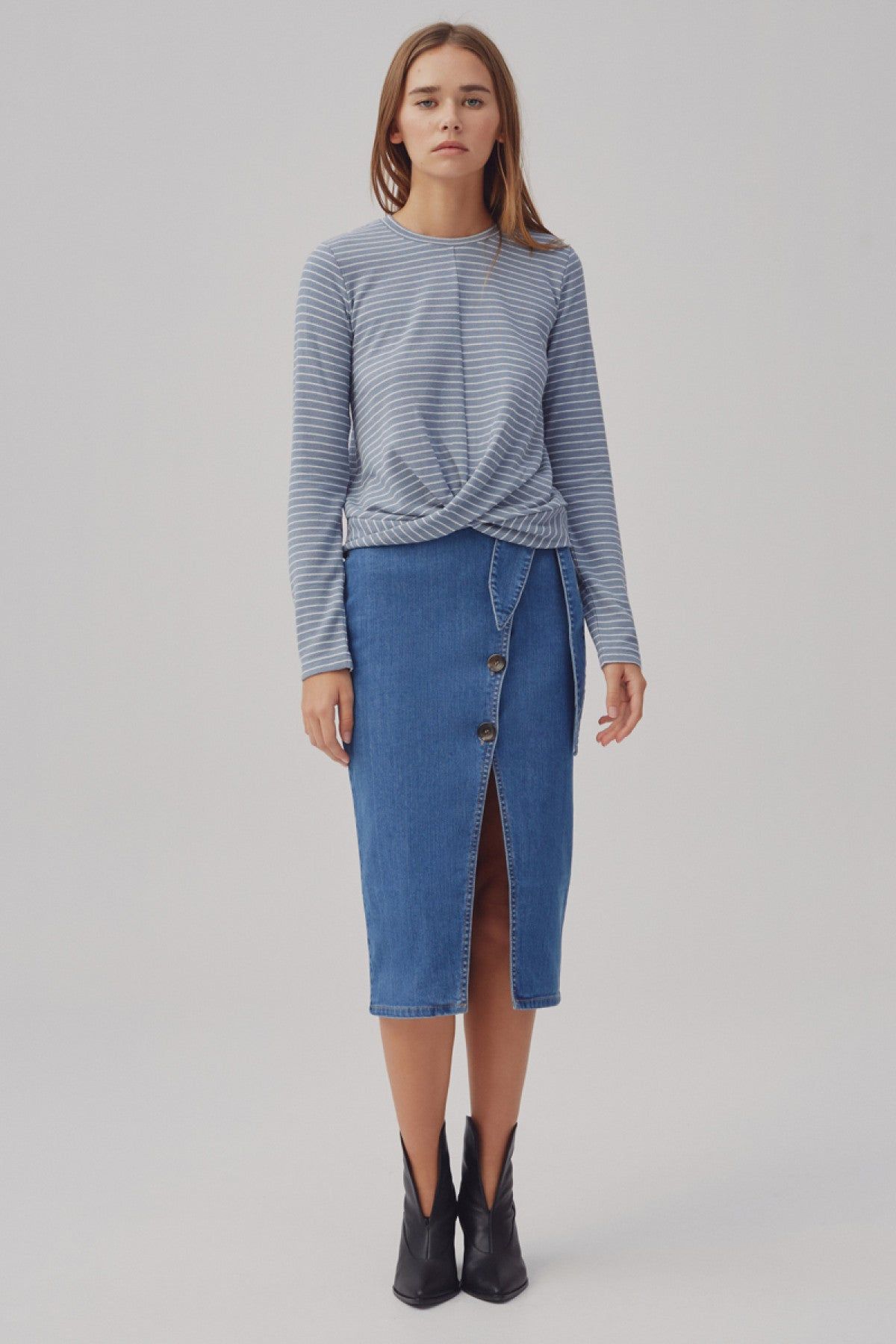 DIGITAL STRIPE TOP dusty blue w white sold by The Fifth Label