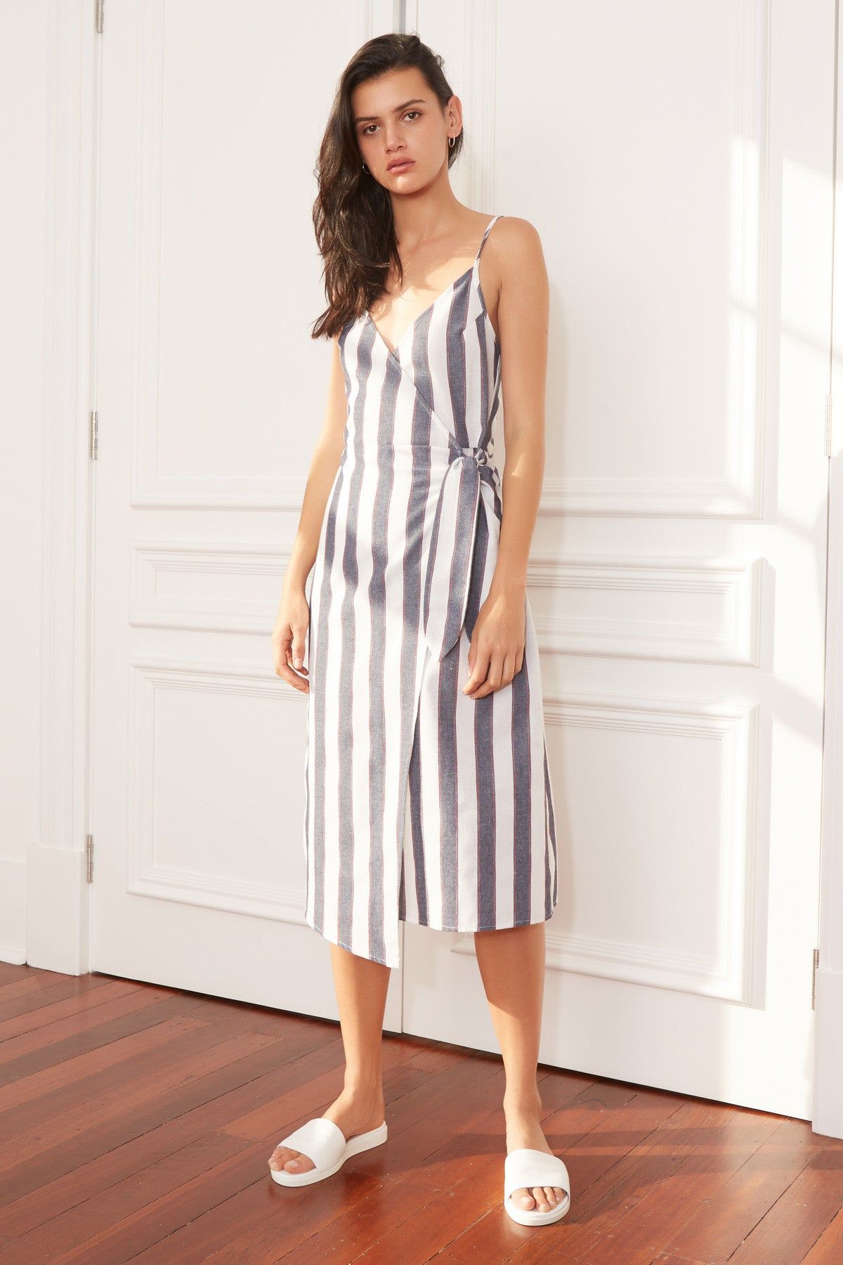 SEQUENCE STRIPE MIDI DRESS navy w ivory sold by The Fifth Label