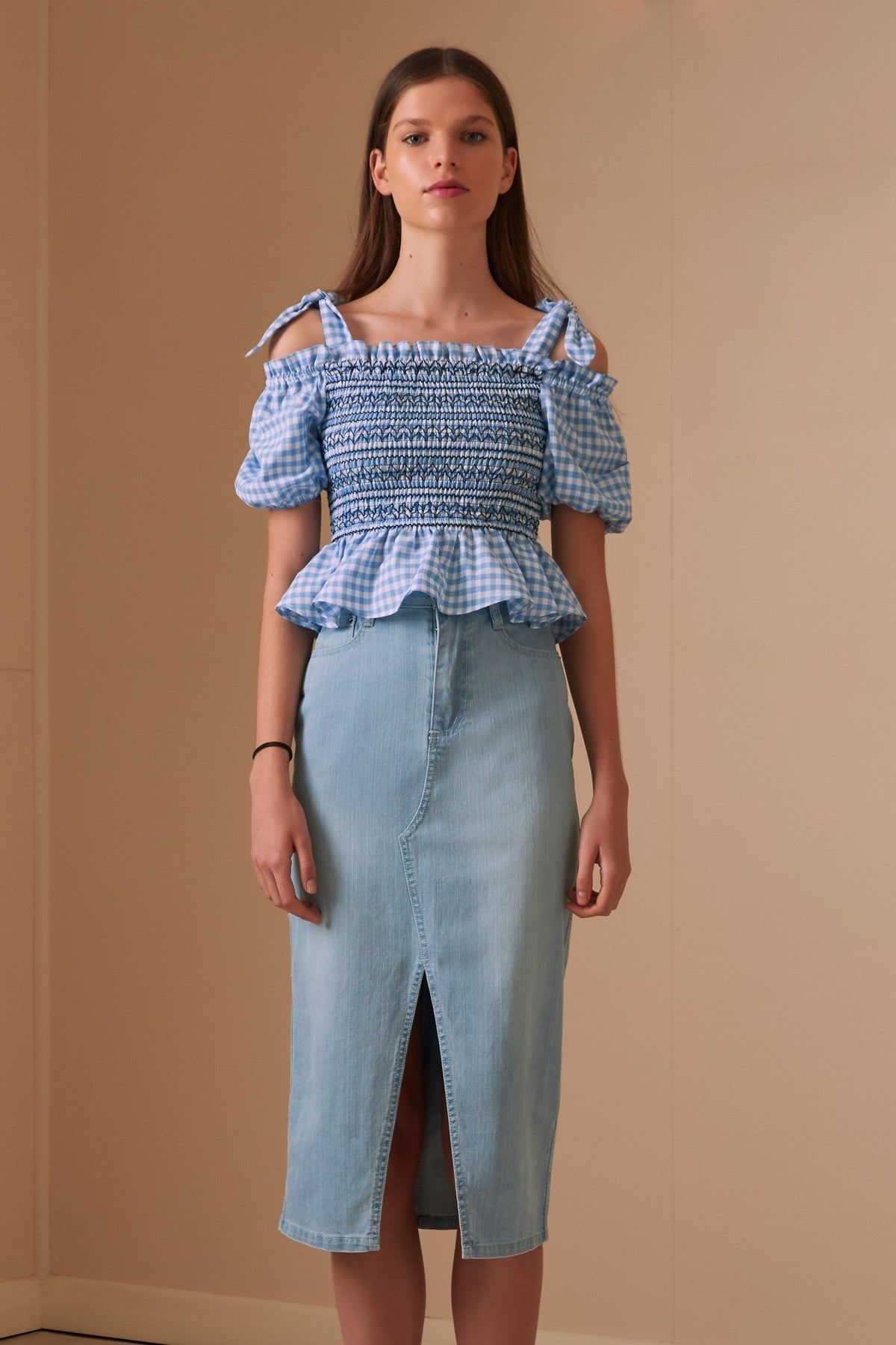 IRIS CHECK TOP blue w white sold by The Fifth Label