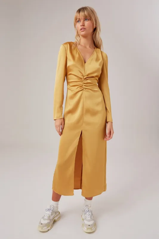 POPULATION LONG SLEEVE DRESS golden yellow sold by The Fifth Label