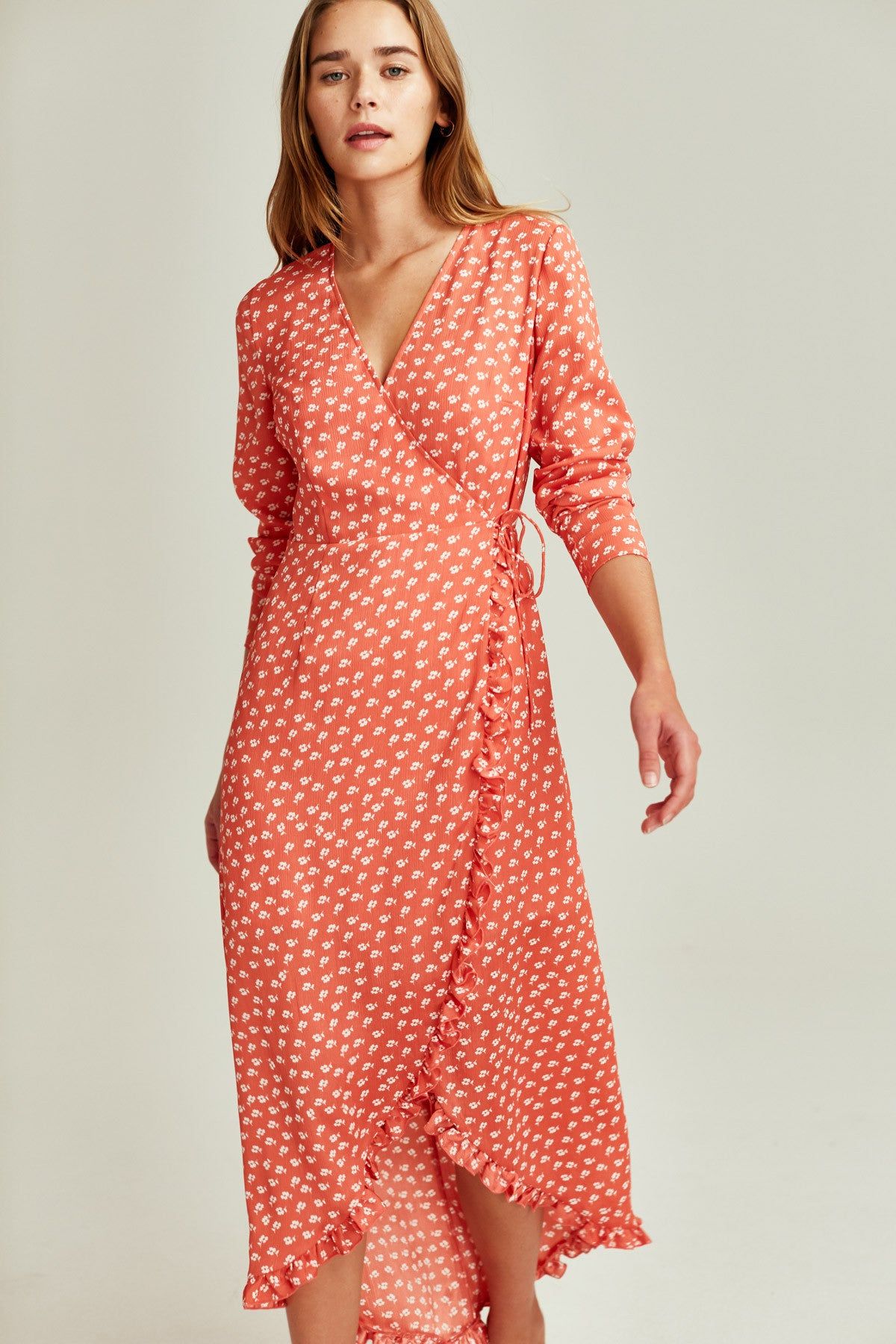 KALEIDOSCOPE WRAP DRESS coral w ivory floral sold by The Fifth Label