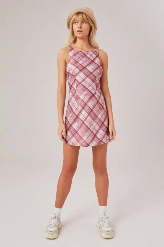 CLIMATE CHECK DRESS merlot w white sold by The Fifth Label