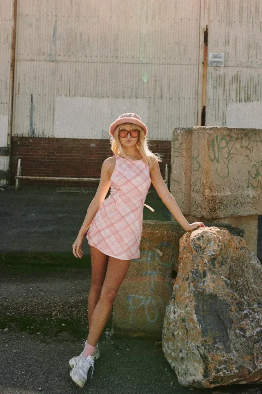 CLIMATE CHECK DRESS melon w white sold by The Fifth Label