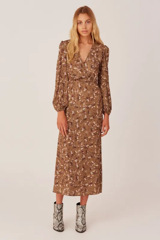 MEMOIR LONG SLEEVE DRESS khaki floral sold by The Fifth Label