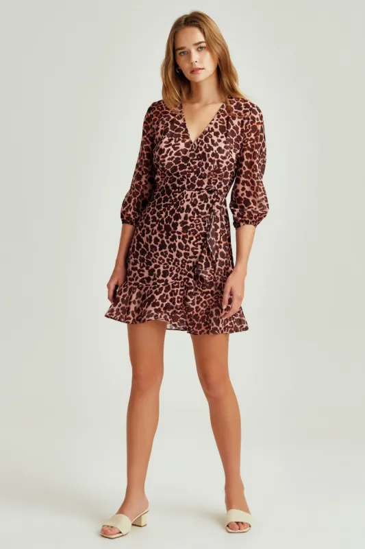 LEOPARD LONG SLEEVE DRESS peach leopard sold by The Fifth Label