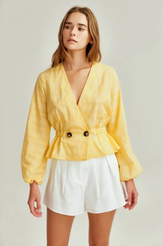 HUMMINGBIRD CHECK LONG SLEEVE TOP daffodil w white sold by The Fifth Label