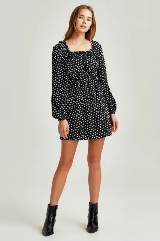 KALEIDOSCOPE LONG SLEEVE DRESS black w ivory floral sold by The Fifth Label