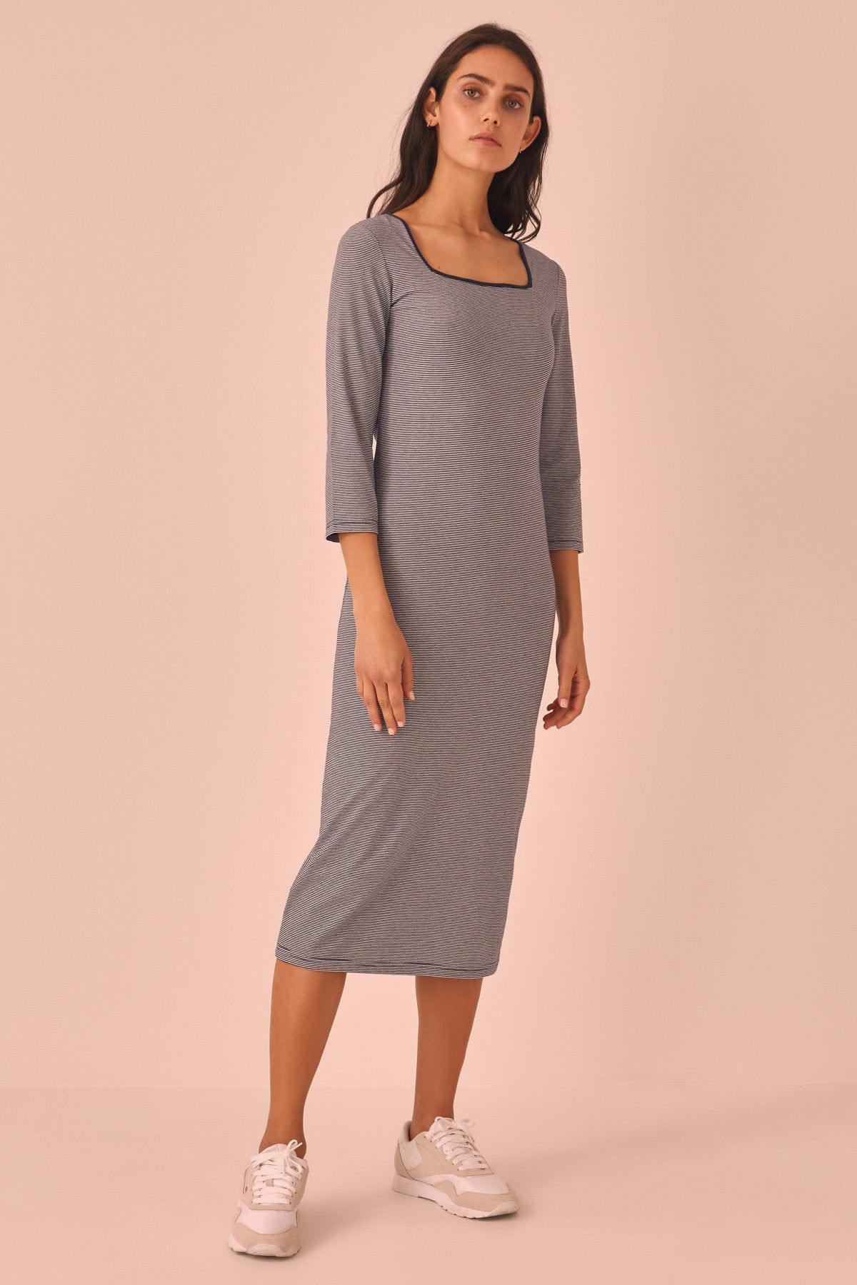 SCENIC STRIPE DRESS navy w white sold by The Fifth Label