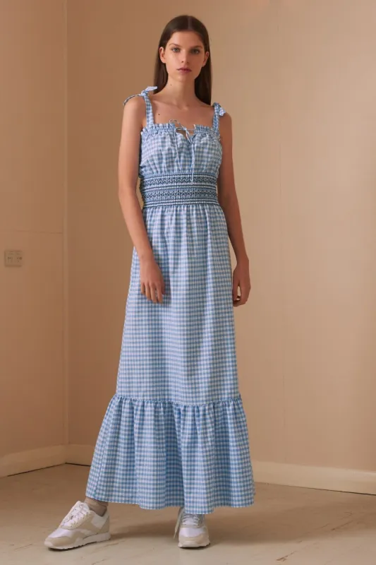IRIS CHECK MAXI DRESS blue w white sold by The Fifth Label