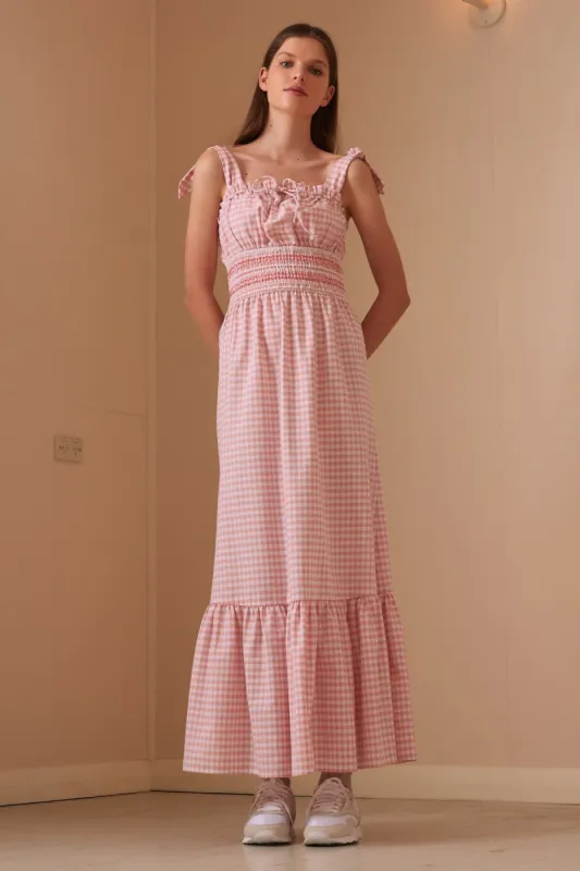 IRIS CHECK MAXI DRESS peach w white sold by The Fifth Label