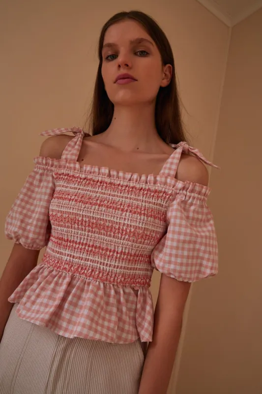 IRIS CHECK TOP peach w white sold by The Fifth Label
