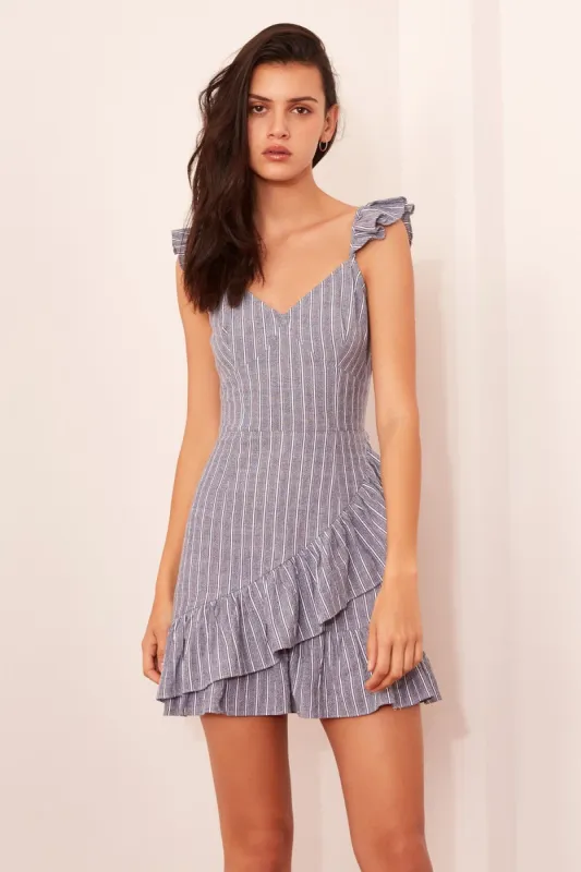 PIXEL STRIPE DRESS navy w white sold by The Fifth Label