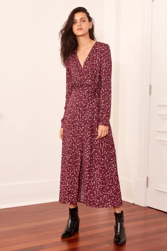 CELEBRATED WRAP DRESS plum sparkler sold by The Fifth Label
